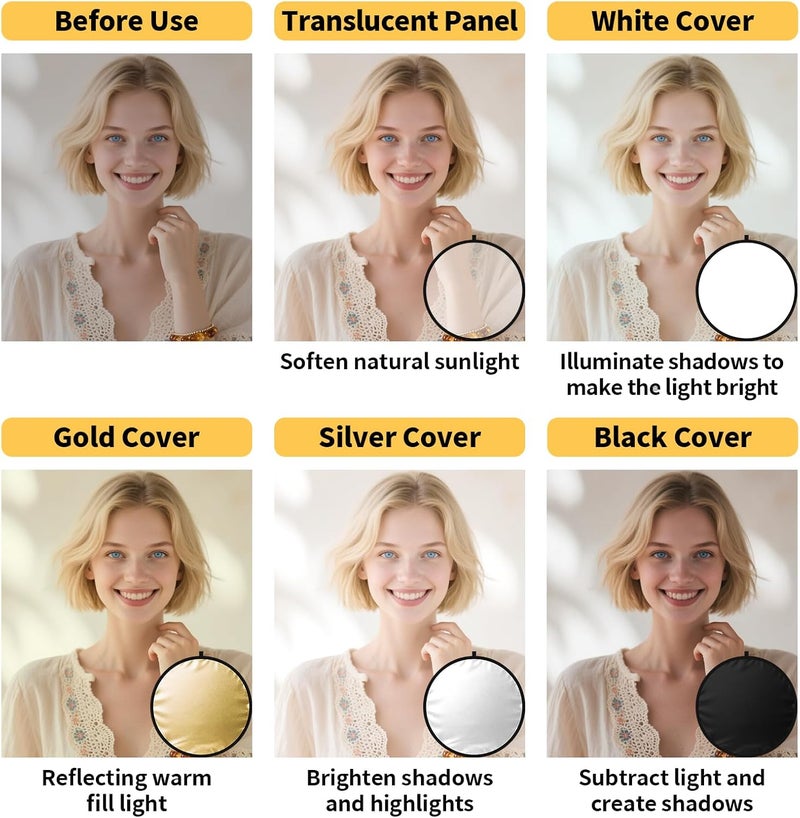 hellovetee 24/32/43/52in Light Reflectors for Photography, 5 in 1 Light Diffuser with Panel & Bag Reflector Photography, Ideal for Content Creator Essentials&Photographer in Silver,Gold,White and Black - Image 2
